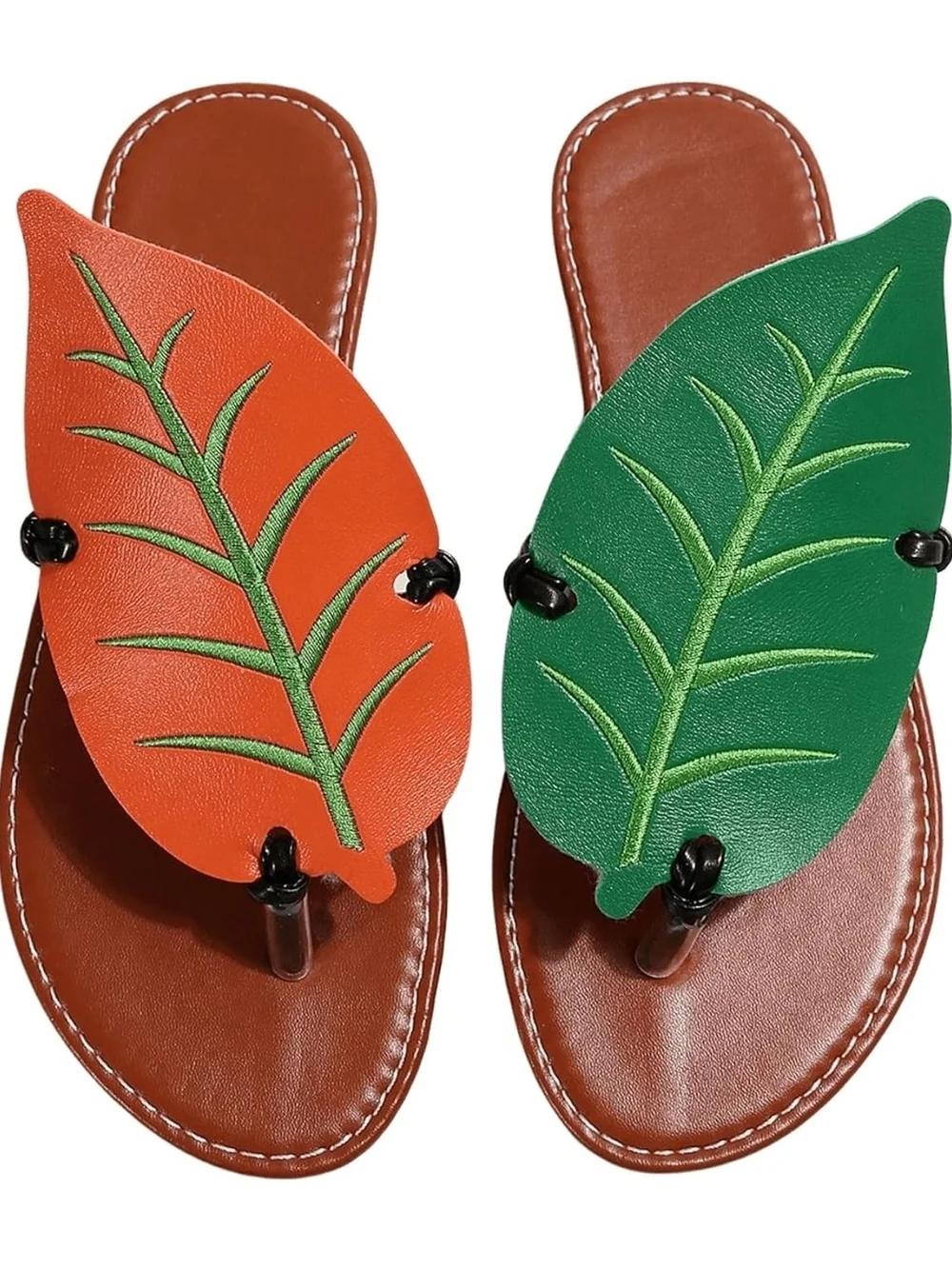 Leaf-Accent Women's Thong Sandals in Orange & Green